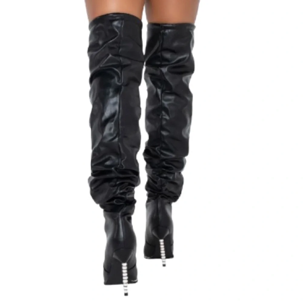 Azalea Wang Black Leather Tall Slouchy Over The Knee High Stiletto Boots